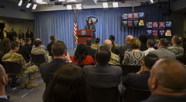 Gene Simmons of KISS talks to service members and civilians during a meet-and-greet at the Pentagon, Washington, D.C., May 16, 2019. GeneSimmonsPentagon4