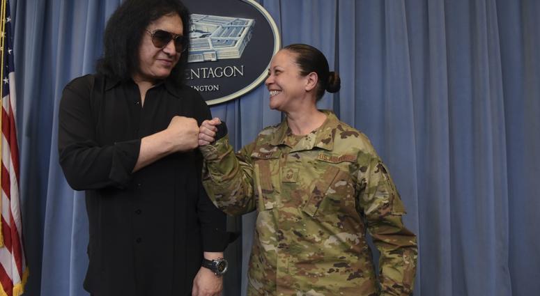 Gene Simmons of KISS greets a service member during a meet-and-greet at the Pentagon, Washington, D.C., May 16, 2019. GeneSimmonsPentagon5
