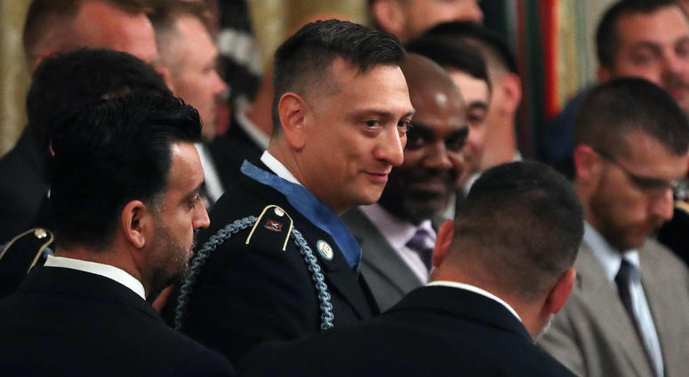 JUNE 25: U.S. Army Staff Sgt. David Bellavia Ret., stands with the men he served with in Iraq after U.S. President Donald Trump gave him the Medal of Honor during a ceremony in the East Room at the White House, on June 25, 2019 in Washington, DC. Staff Sg U.S. Army Staff Sgt. David Bellavia, Medal of Honor courted by GOP to run for Congress