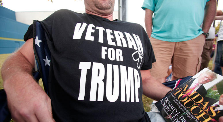 BIRCH RUN, MI - AUGUST 11: Jason Mikkelborg of Portage, Michigan, a U.S. Army veteran, waits to attend an appearance by Republican presidential candidate Donald Trump on August 11, 2015 in Birch Run, Michigan. Trump will deliver the keynote address at the 57 percent of veterans support President Trump according to Pew Research Center