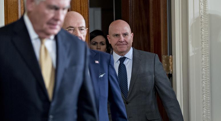 H.R. McMaster, national security advisor, arrives to a news conference with U.S. President Donald Trump. McMaster