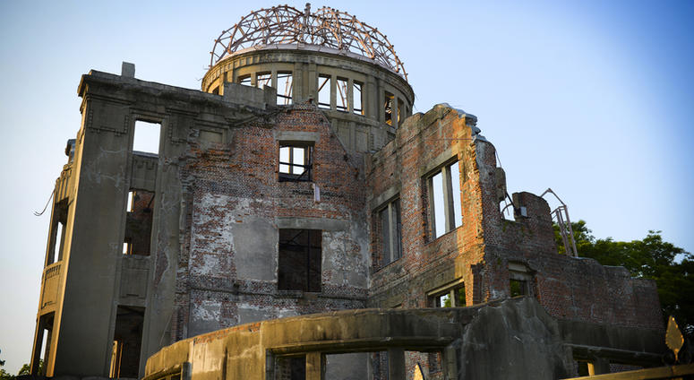 Genbaku Domu, or the Atom-Bomb Dome, stands in Hiroshima, Japan, May 31, 2016. The dome, a designated World Heritage Site, is the remnant of a building which withstood the atomic bomb the U.S. dropped on Hiroshima City at the end of WWII.