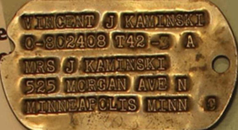 A pilot with the 401st Bomb Group, First Lieutenant Kaminski was killed in action on May 28, 1944, when his B-17 was shot down over Germany. KaminskiStolenDogTags-NationalArchives