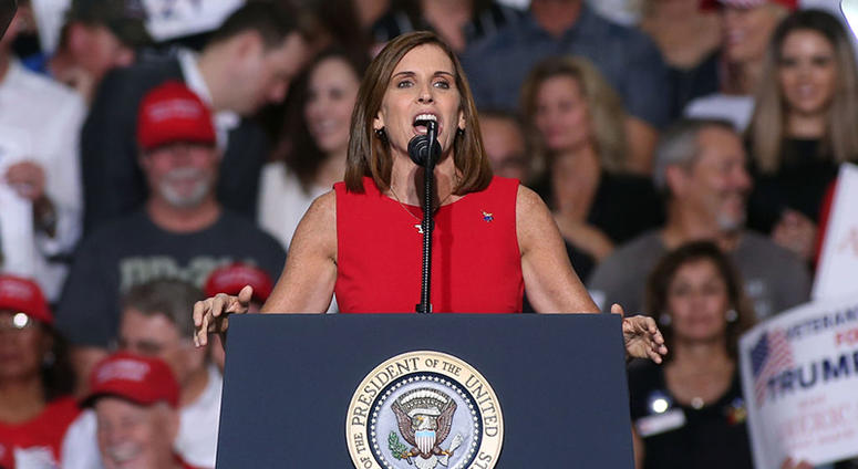 MESA, AZ - OCTOBER 19: U.S. Senate candidate Martha McSally, R-Ariz, speaks during a rally for President Donald Trump at the International Air Response facility on October 19, 2018 in Mesa, Arizona. President Trump Holds Rally In Mesa, Arizona