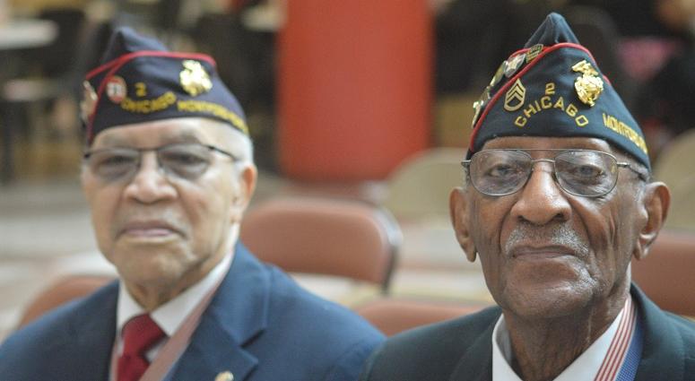 Montford Point Marines, Stanley Porter (left) and James Reynolds (right) await the beginning of the recognition ceremony for the Illinois Department of Veteran Affairs in 2016