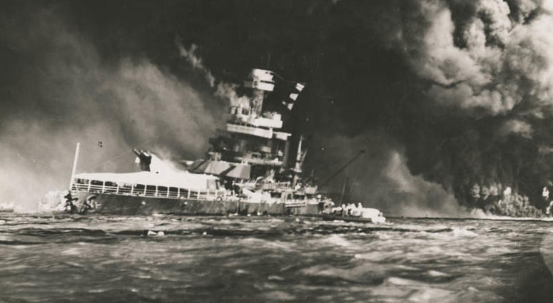 USS California (BB-44) after the Japanese attack on Pearl Harbor, Hawaii. (Gutierrez Collection/Official Navy Photograph)
