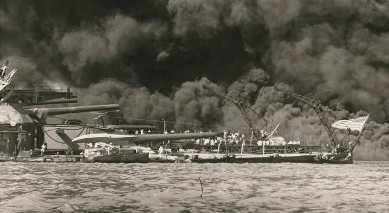 "The USS West Virginia (BB-48) after Japanese attack on Pearl Harbor" (Toland Collection/U.S. Navy Photographs)