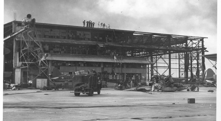 Planes and hangars wrecked in the Japanese attack on Pearl Harbor, Dec. 7 1941. NAS Pearl Harbor.