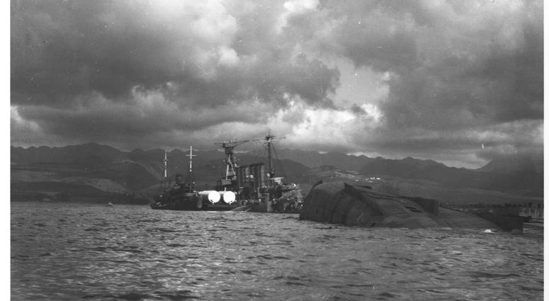The USS Arizona (BB39) burning after the Japanese attack on Pearl Harbor, Dec. 7 1941.