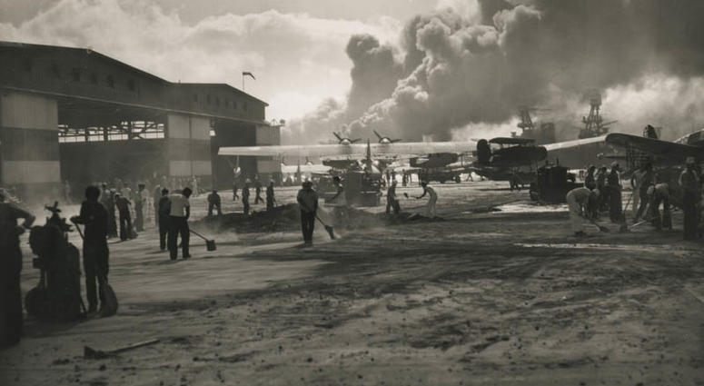 Hanger destroyed during the attack on Pearl Harbor. (Graff Collection/U.S. Navy Photograph)