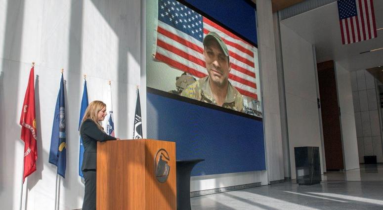 Nicole speaking to her husband Jared via Skype, during Prudential’s 2017 Veterans Day event in Newark, NJ. Nicole speaking to her husband Jared via Skype, during Prudential’s 2017 Veterans Day event in Newark, NJ.