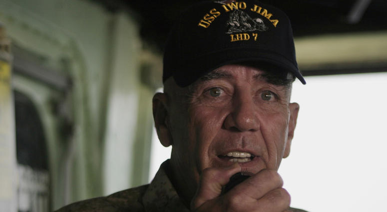 Actor and Marine Corps icon Gunnery Sgt. R. Lee Ermey gives an "Oorah" over the ship's 1MC to Marines and Sailors aboard the amphibious assault ship USS Iwo Jima. Ermey visited the USS Iwo Jima as a Moral, Welfare and Recreation event for deployed troops