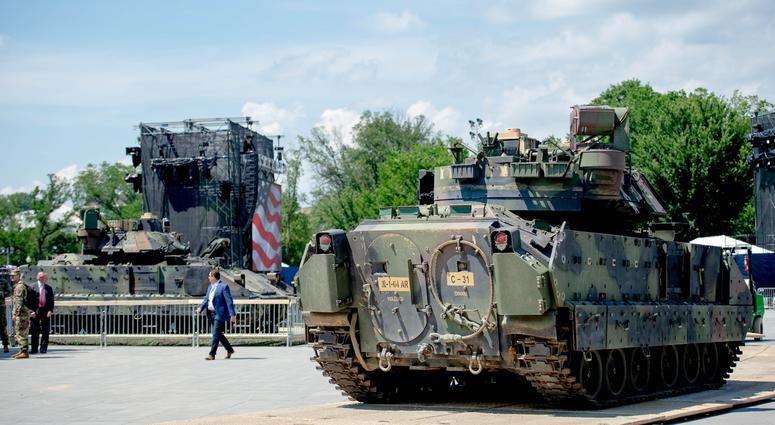 A Bradley Fighting Vehicle sits in front of the Lincoln Memorial ready for the July Fourth Salute to America celebration in Washington. July Fourth Salute to America in Washington, D.C.