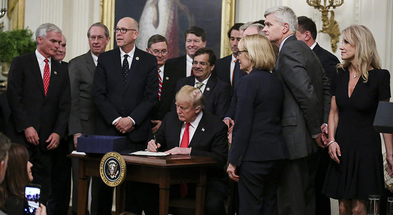 President Donald Trump sings the new opioid bill into law in the East Room of the White House on October 24, 2018 in Washington, DC.