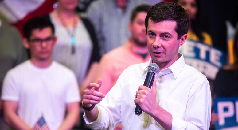Democratic presidential candidate Pete Buttigieg speaking at a town hall.