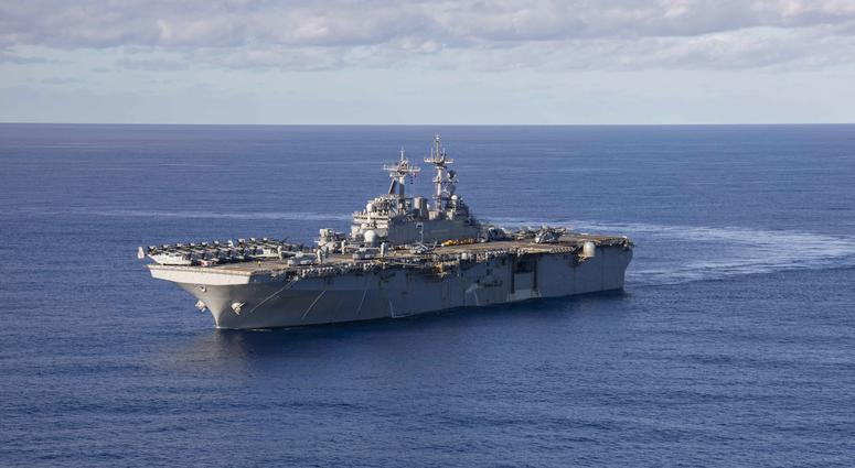 The Wasp-class amphibious assault ship USS Kearsarge (LHD 3) transits the Atlantic Ocean. Kearsarge is on a scheduled deployment as part of the Kearsarge Amphibious Ready Group in support of maritime security operations, crisis response and theater securi