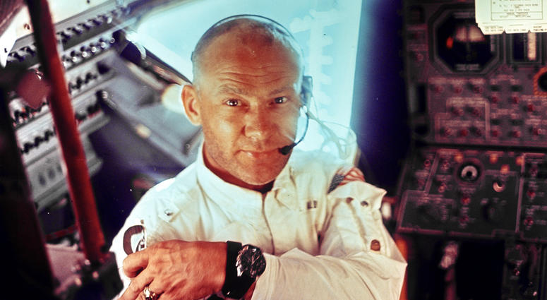 This July 20, 1969 photograph of the interior view of the Apollo 11 Lunar Module shows astronaut Edwin E. "Buzz" Aldrin during the lunar landing mission.