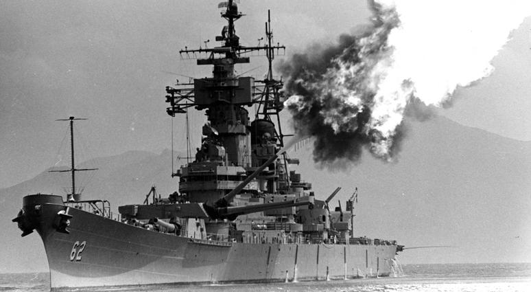 The battleship New Jersey bombards enemy targets near Tuyho, on South Vietnam's central coast in March 1969.