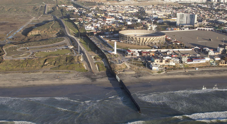 An aerial photo flight from Andrade, Calif. on the east end of the U.S.-Mexico border in California to the Pacific Ocean, where the border fence ends in the water, on Jan. 26, 2017.