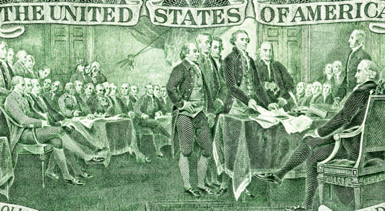 Signing declaration of independence from the two dollar banknote, detail