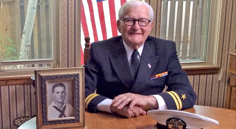 Lt. Jim Downing (Ret.) poses in his uniform. At 104, he is the second oldest known living Pearl Harbor survivor. Jim Downing