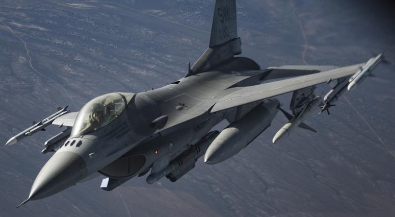 An F-16 Fighting Falcon fighter jet assigned to the 55th Fighter Squadron at Shaw Air Force Base, South Carolina, flies over the Nevada Test and Training Range during Red Flag 18-1 day operations, Feb. 8, 2017. F-16