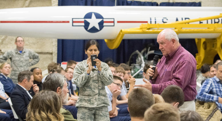 Agriculture Secretary Sonny Perdue holds a Veterans-to-Agriculture listening session with transitioning Airmen and their families, veterans, and Junior Reserve Officer Training Cadets (JROTC), in the South Dakota Air and Space Museum, at Ellsworth AFB, SD