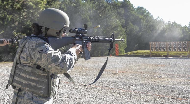 Louisiana National Guard’s Airman 1st Class Julia Thomas, a Metairie native with the 159th Fighter Wing, competes in the rifle reflexive match while competing in the Adjutant General's Match at Camp Beauregard in Pineville, Louisiana, Oct. 11, 2018. Thoma
