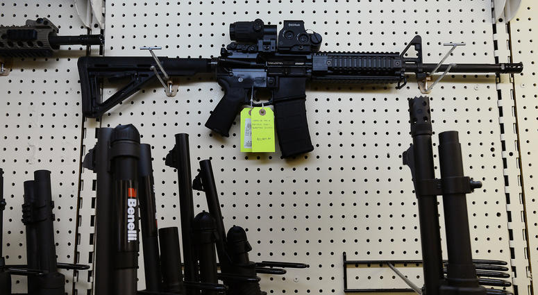 On display at Perry's Gun Shop in Wendell, North Carolina, an AR-15 assault rifle manufactured by Core15 Rifle Systems.
