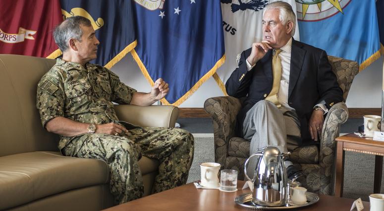 CAMP H.M. SMITH, Hawaii (August 4, 2017)— Adm. Harry Harris, Commander of U.S. Pacific Command (PACOM), has a conversation with U.S. Secretary of State Rex Tillerson at PACOM Headquarters. harris