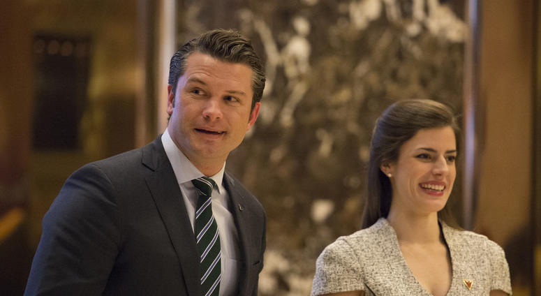 Pete Hegseth (R), a contender for the position of Veterans Affairs Secretary, is seen in the lobby of Trump Tower in New York, NY, USA upon his arrival on December 15, 2016