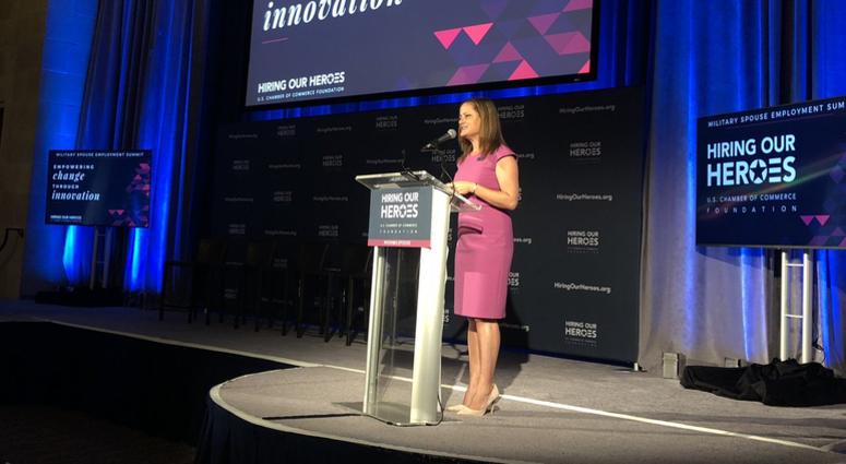 Hiring Our Heroes Liz OBrien speaks at a Spouse Empowerment Summit in 2018 Hiring our Heroes and USAA fight agains military spouse unemployment together
