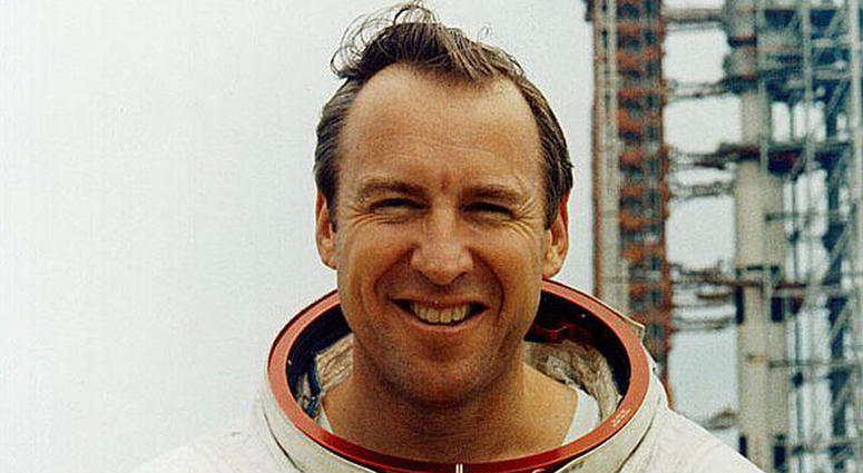 Astronaut Jim Lovell near launch pad before ill-fated 1970 Apollo 13 mission.