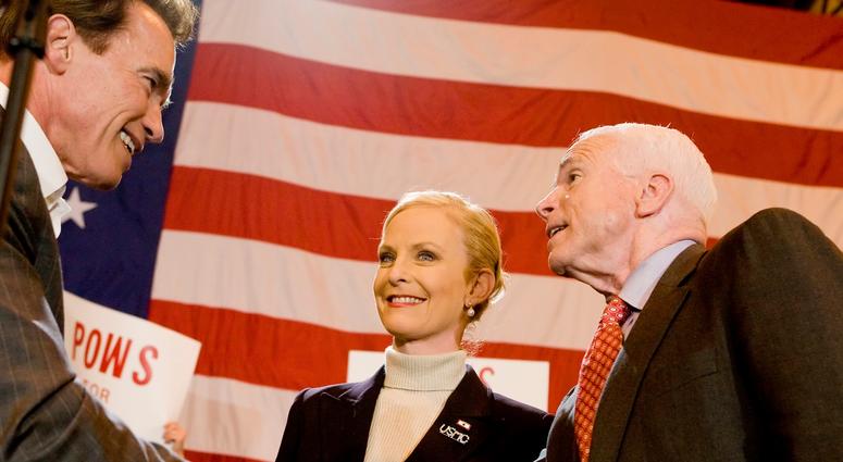 Cindy McCain and her husband Republican presidential hopeful Sen. John McCain greet California Gov. Arnold Schwarzenegger during a rally at the San Diego airport on Tuesday, February 5, 2008, in San Diego, California.
