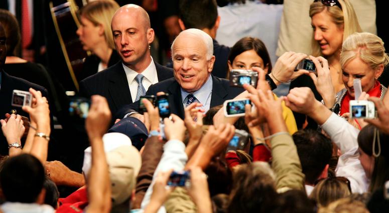 Republican presidential candidate John McCain greets the crowd during a McCain-Palin rally.