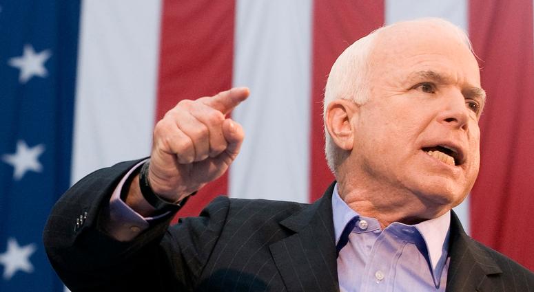 Republican presidential candidate Sen. John McCain speaks during a campaign rally with Republican vice presidential candidate Gov. Sarah Palin of Alaska on the steps of the Chester County Courthouse, in Media, Pennsylvania, on September 22, 2008.