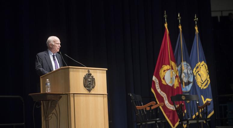 ANNAPOLIS, MD (Oct. 30, 2017) Senator John McCain addresses the Brigade of midshipmen at the United States Naval Academy (USNA). McCain visited USNA to speak to the midshipmen about his experiences.
