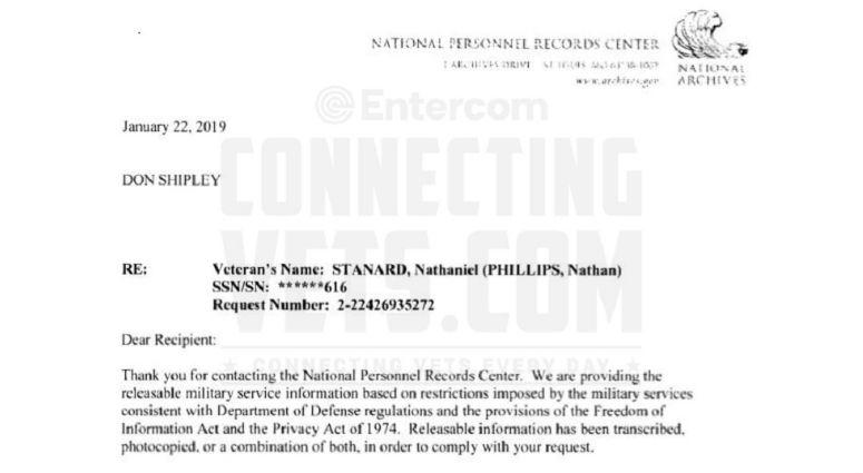 National Personnel Records Center cover letter sent to Don Shipley