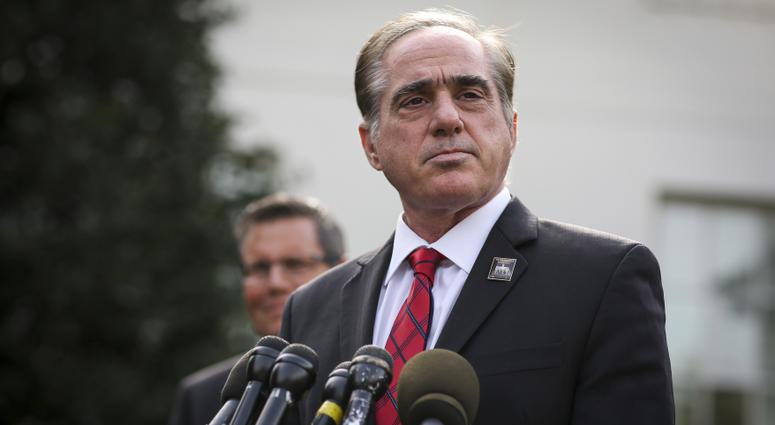 Veterans Affairs Secretary David Shulkin, pauses as he speaks with the media after he attended President Donald Trump signing the National Veterans and Military Families Month Proclamation, at the White House on November 1, 2017, in Washington, DC.