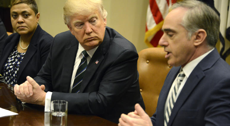 President Donald Trump (C) listens to remarks by Veteran's Administration Secretary David Shulkin during a meeting on Veteran's Affairs in the Cabinet Room of the White House, March 17, 2017, in Washington, DC.