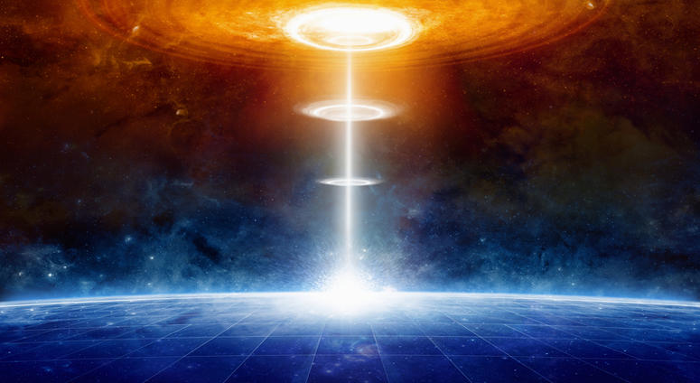 Glowing extraterrestrial aliens spaceship hits blue planet in deep space, space war. Elements of this image furnished by NASA