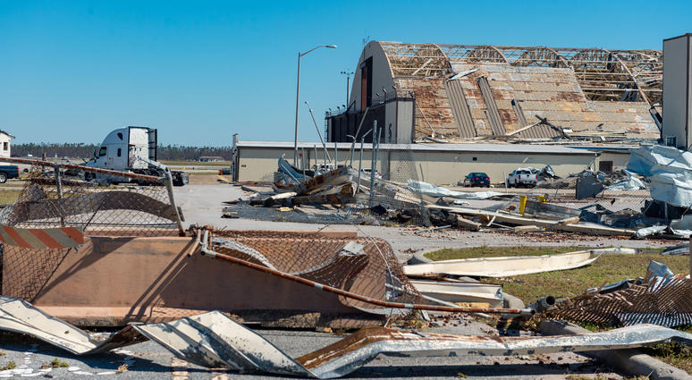 Oct 13, 2018; Panama City, FL, USA; Widespread destruction is left behind in the wake of Hurricane Michael at Tyndall Airforce Base near Panama City, FL