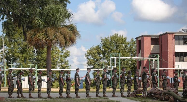 Recruits at Marine Corps Recruit Depot Parris Island prepare to evacuate to Marine Corps Logistic Base Albany following an evacuation order directed by Brig. Gen. James Glynn, the depot’s commanding general.