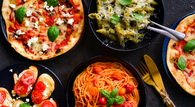 Italian vegetarian platter-pasta,bruschetta and pizza Italian vegetarian platter-pasta,bruschetta and pizza
