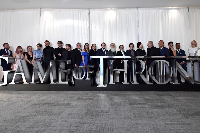 BELFAST, NORTHERN IRELAND - APRIL 12: Actors Richard Dormer, Maisie Williams, Kerry Ingram, Gemma Whelan, Pilou Asbæk, Isaac Hempstead Wright, Joe Dempsie, Conleth Hill, Hannah Murray, Ben Crompton, John Bradley, producer Chris Newman, executive producer "Game Of Thrones" Season 8 Screening - Red Carpet Arrivals