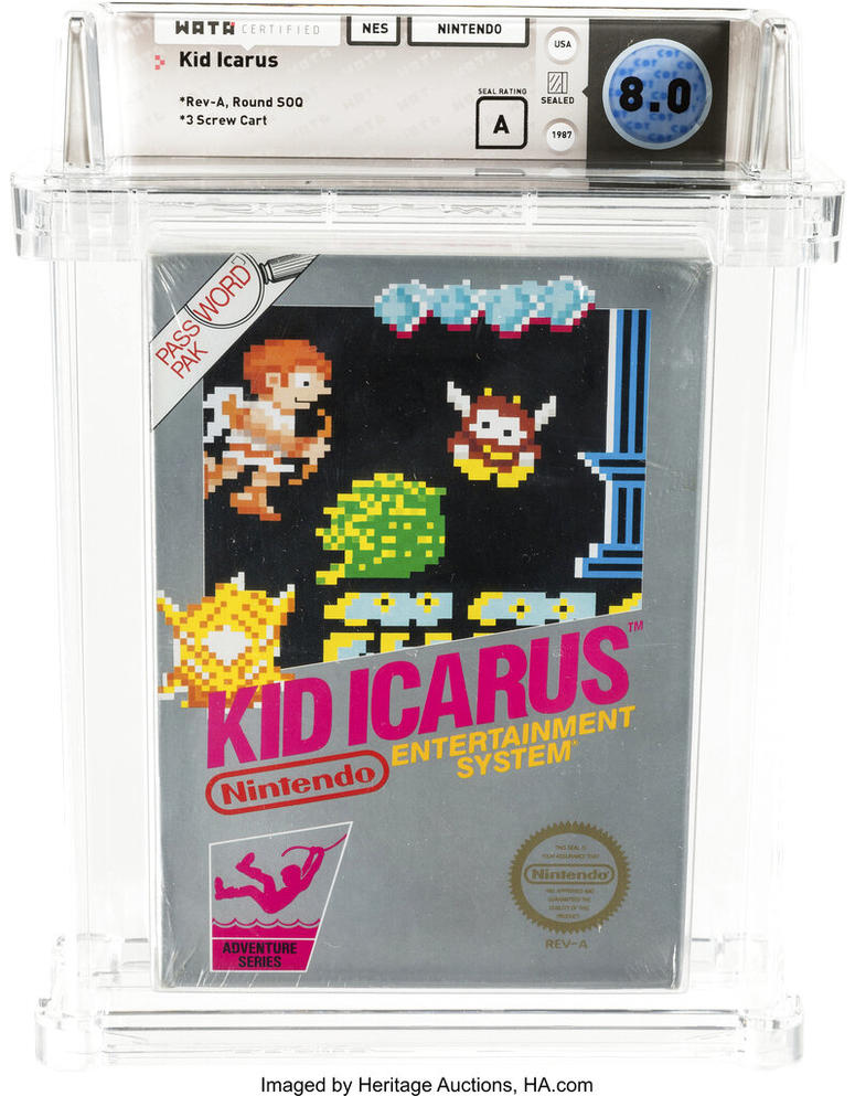 This undated photo provided by Heritage Auctions, shows an unopened copy of a 1987 cult-classic video game "Kid Icarus" belonging to Scott Amos of Reno, Nev. The boxed game cartridge, still in the bag with the receipt for $38.45 from J.C. Penney's catalog