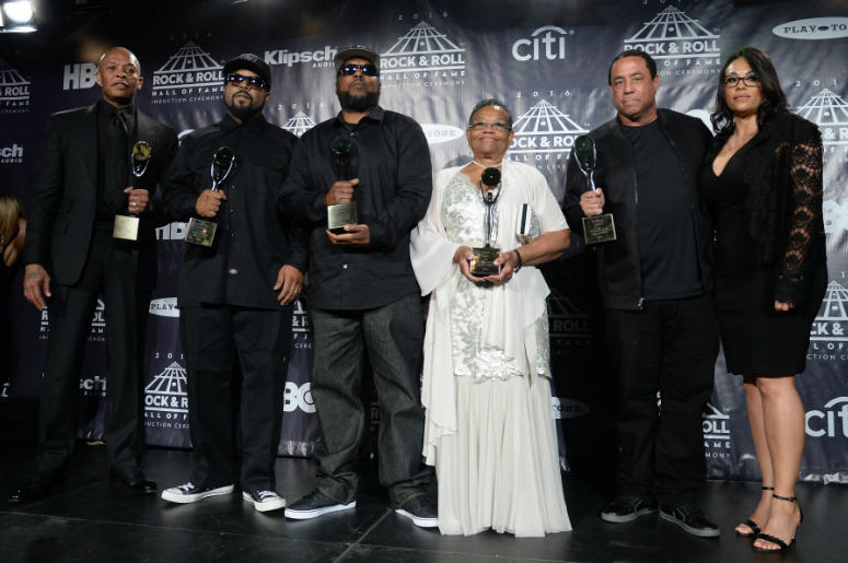 Dr. Dre, Ice Cube, MC Ren, Easy-E's mother, Kathie Wright, and DJ Yella of N.W.A.pose in the press room at the 31st Annual 2016 Rock And Roll Hall Of Fame Induction Ceremony. Dr. Dre, Ice Cube, MC Ren, Easy-E's mother, Kathie Wright, and DJ Yella of N.W.A.pose in the press room at the 31st Annual 2016 Rock And Roll Hall Of Fame Induction Ceremony.