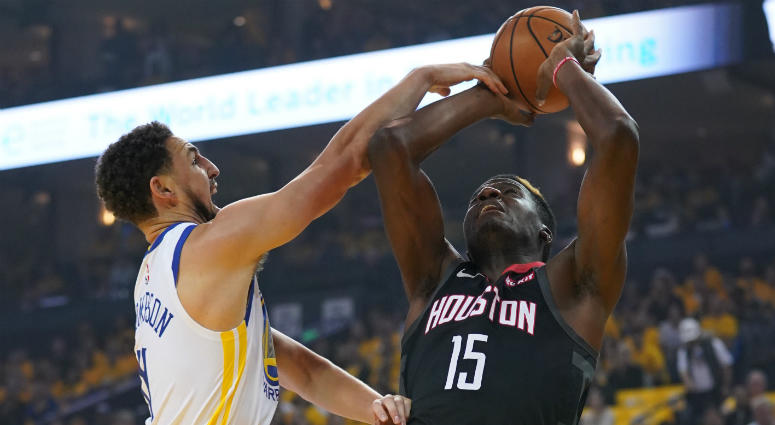 Klay Thompson and Clint Capela Klay Thompson and Clint Capela