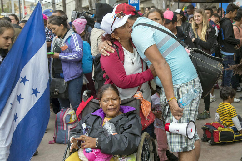 Central American Migrant Caravan Group April 29, 2018; Tijuana, Baja California, MEXICO; Part of the Central American migrant caravan group crossing Tijuana bridge. Some broke down crying just outside the entrance to the U.S. port at San Ysidro in Tijuana, on April 29, 2018. These migrants wil