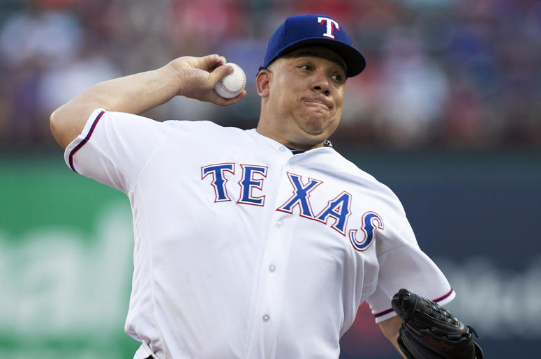 AP18158038038184 Texas Rangers starting pitcher Bartolo Colon throws to an Oakland Athletics batter during the first inning of a baseball game Wednesday, June 6, 2018, in Arlington, Texas. (AP Photo/Jim Cowsert)